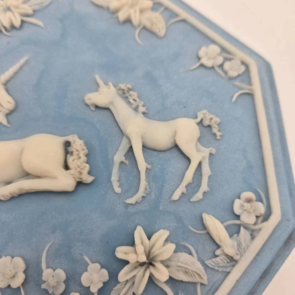 Vintage Incolay Stone Blue & White Jewelry Or Trinket Music Box With Unicorns